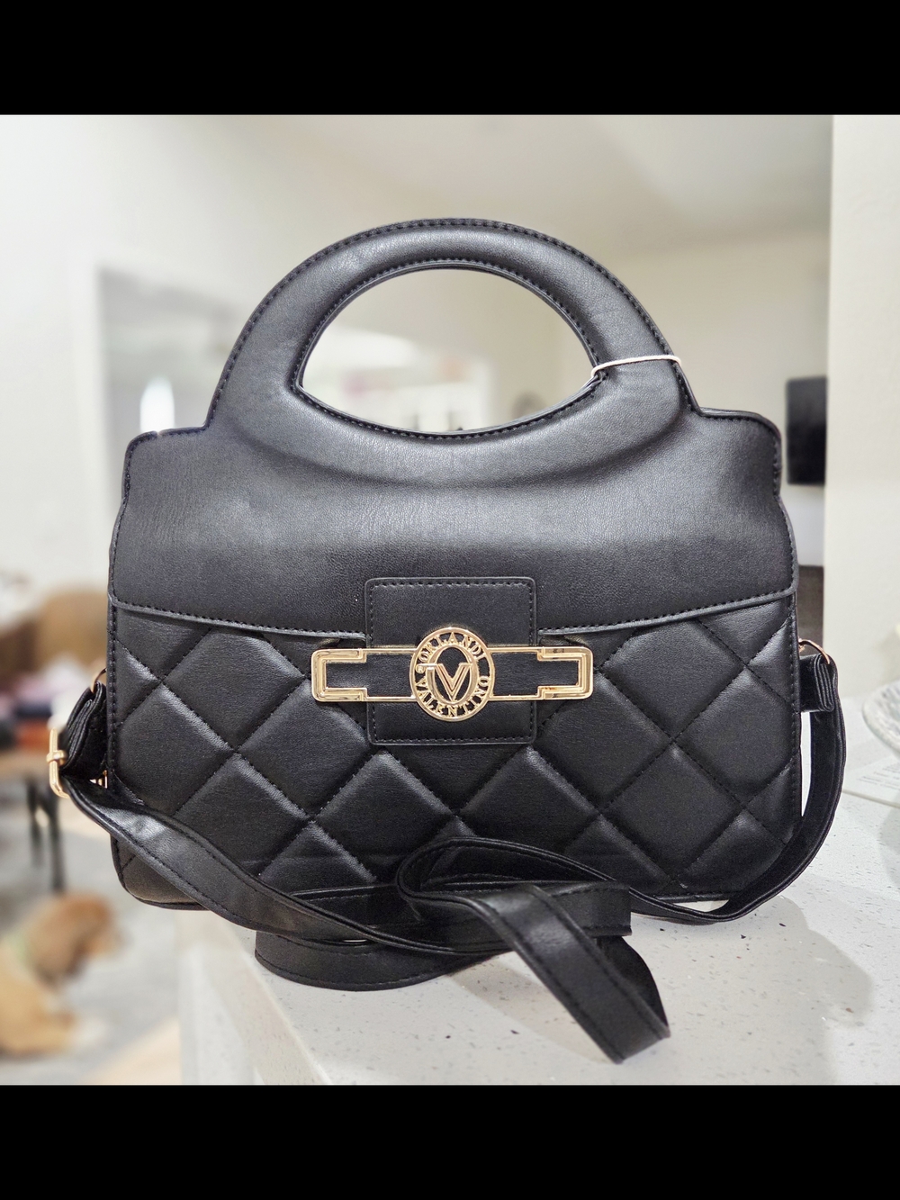Valentino Orlandi Black Quilted Top-Handle Satchel with Gold Accent